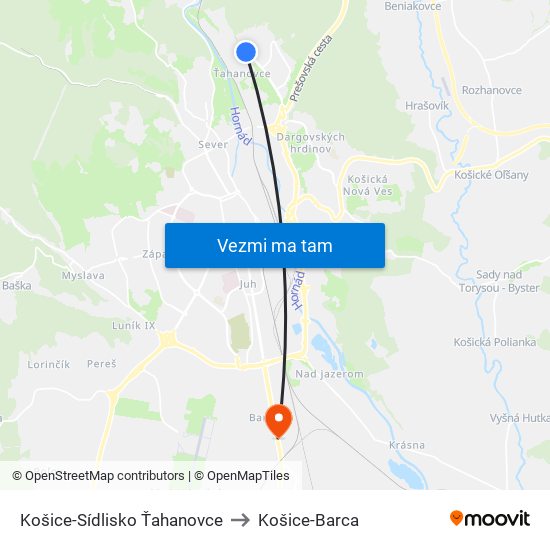 Košice-Sídlisko Ťahanovce to Košice-Barca map