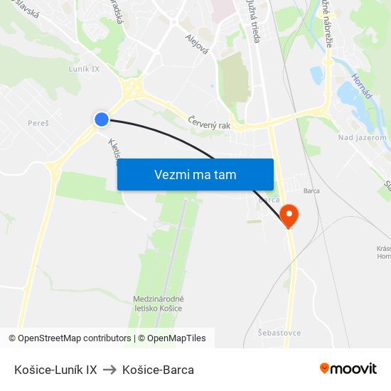 Košice-Luník IX to Košice-Barca map