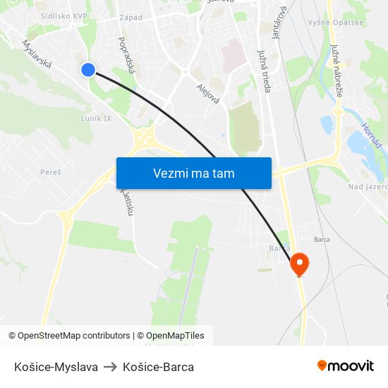 Košice-Myslava to Košice-Barca map