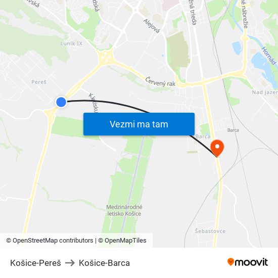 Košice-Pereš to Košice-Barca map