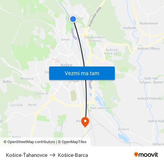 Košice-Ťahanovce to Košice-Barca map