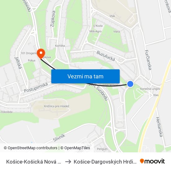 Košice-Košická Nová Ves to Košice-Dargovských Hrdinov map