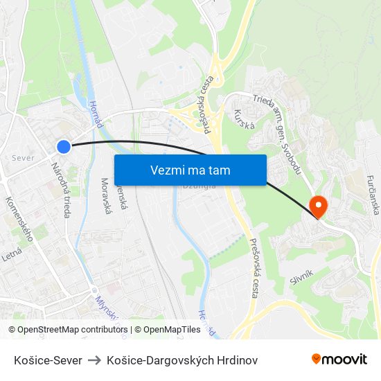 Košice-Sever to Košice-Dargovských Hrdinov map