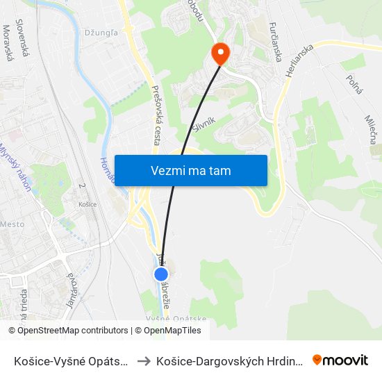 Košice-Vyšné Opátske to Košice-Dargovských Hrdinov map