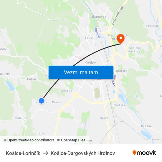 Košice-Lorinčík to Košice-Dargovských Hrdinov map