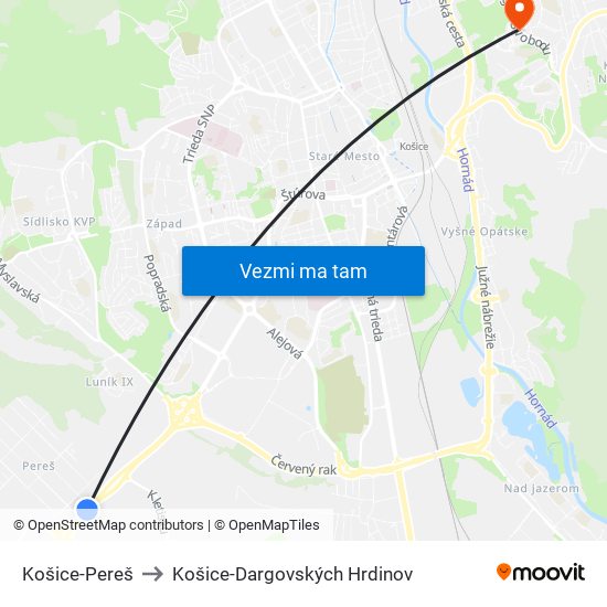 Košice-Pereš to Košice-Dargovských Hrdinov map