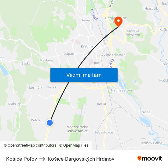 Košice-Poľov to Košice-Dargovských Hrdinov map