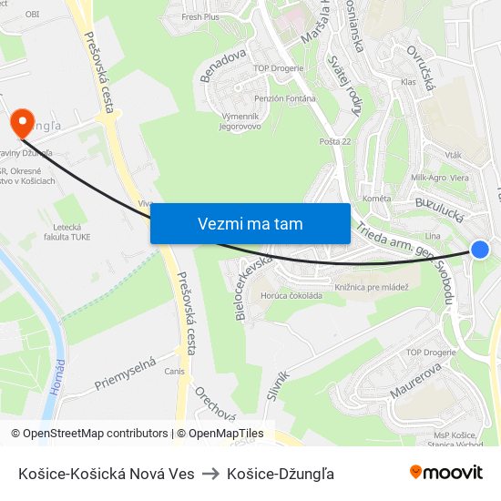 Košice-Košická Nová Ves to Košice-Džungľa map