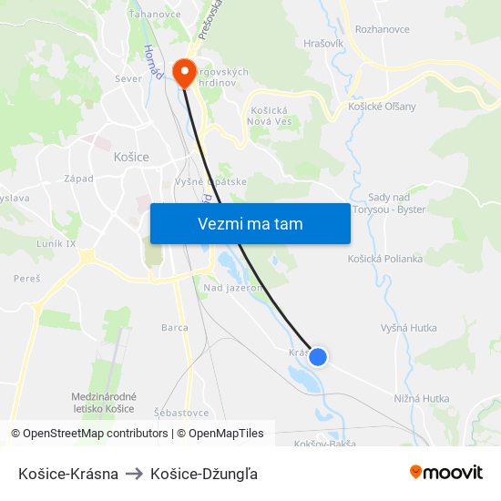 Košice-Krásna to Košice-Džungľa map