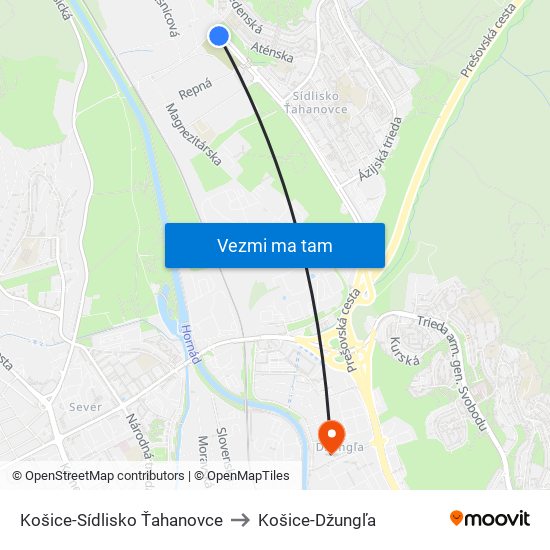 Košice-Sídlisko Ťahanovce to Košice-Džungľa map