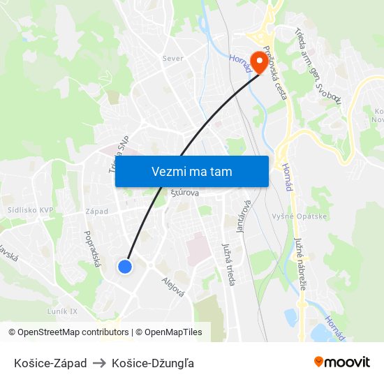 Košice-Západ to Košice-Džungľa map