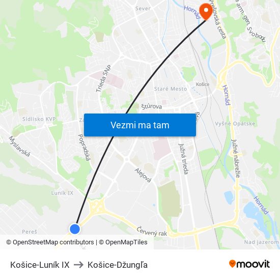 Košice-Luník IX to Košice-Džungľa map