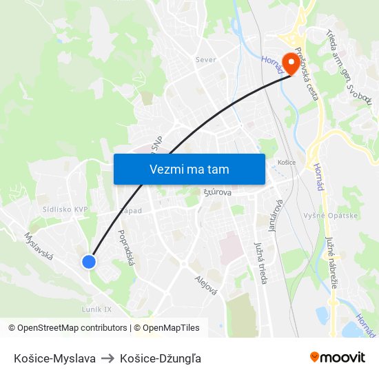 Košice-Myslava to Košice-Džungľa map