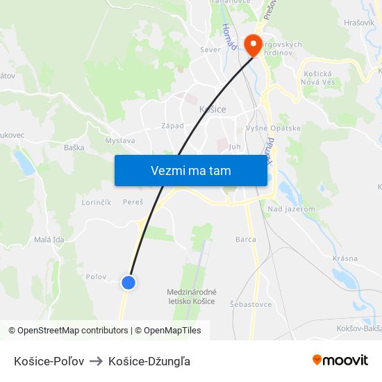 Košice-Poľov to Košice-Džungľa map