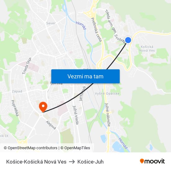 Košice-Košická Nová Ves to Košice-Juh map