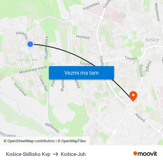 Košice-Sídlisko Kvp to Košice-Juh map