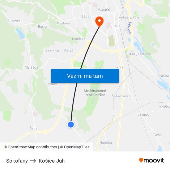 Sokoľany to Košice-Juh map