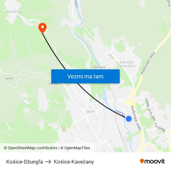 Košice-Džungľa to Košice-Kavečany map