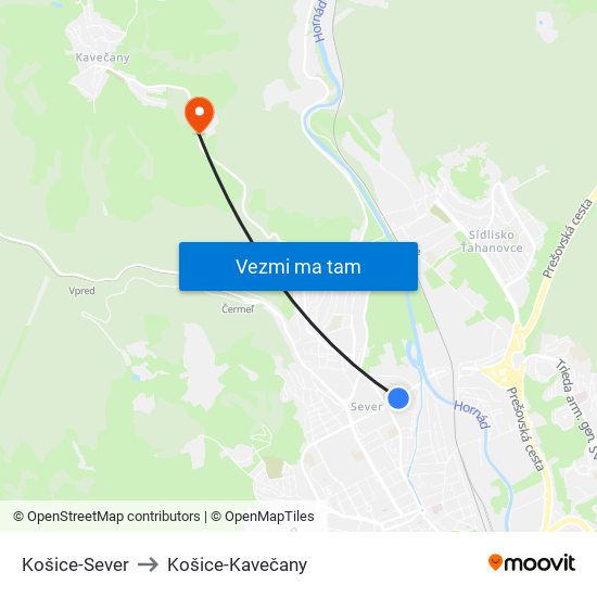 Košice-Sever to Košice-Kavečany map