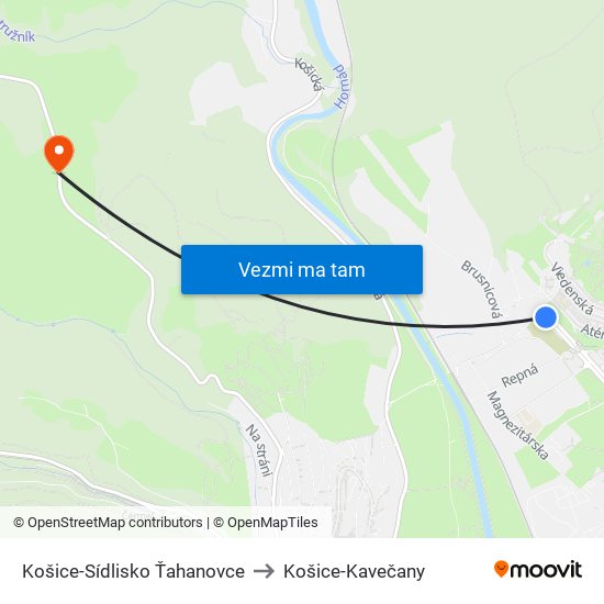 Košice-Sídlisko Ťahanovce to Košice-Kavečany map