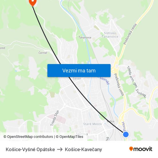 Košice-Vyšné Opátske to Košice-Kavečany map