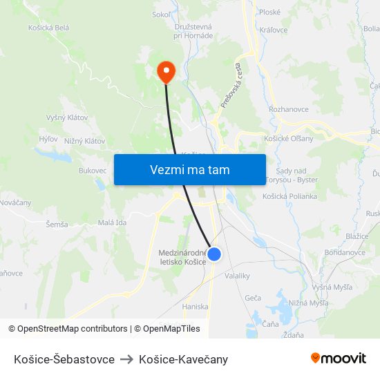 Košice-Šebastovce to Košice-Kavečany map