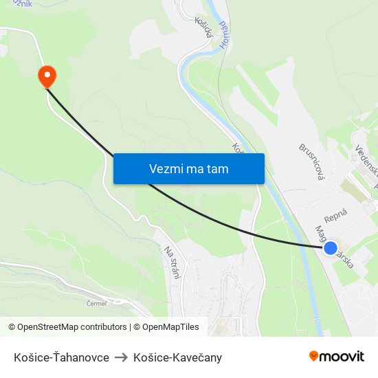 Košice-Ťahanovce to Košice-Kavečany map