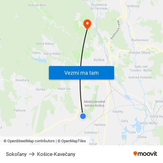 Sokoľany to Košice-Kavečany map