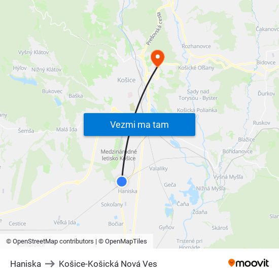 Haniska to Košice-Košická Nová Ves map