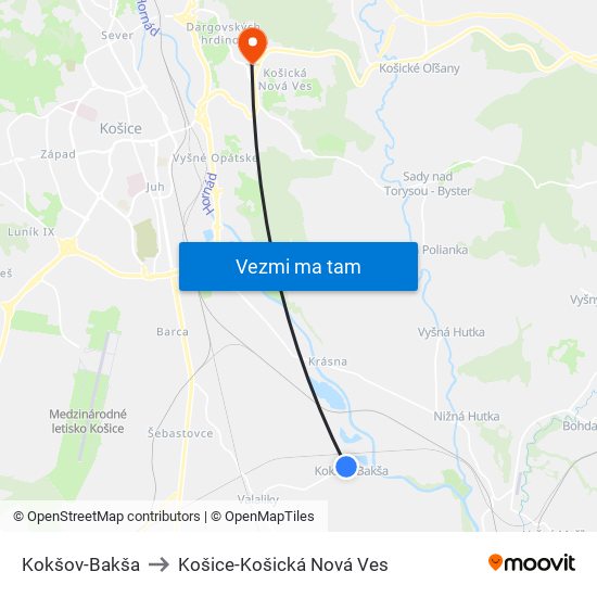 Kokšov-Bakša to Košice-Košická Nová Ves map