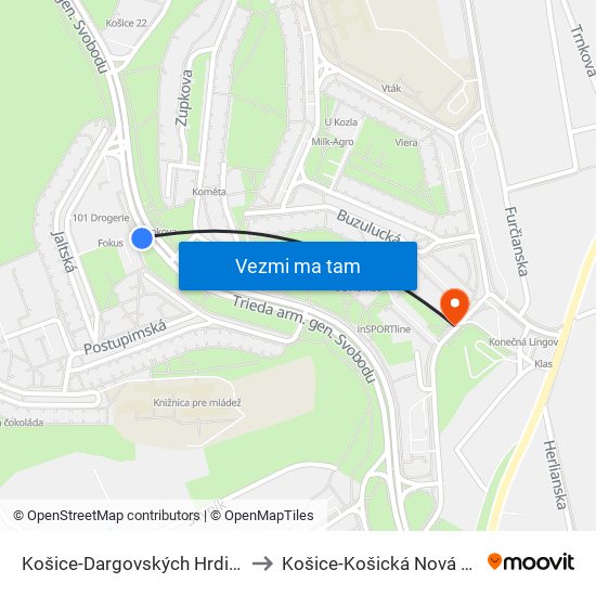 Košice-Dargovských Hrdinov to Košice-Košická Nová Ves map