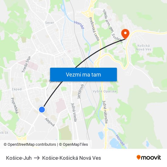 Košice-Juh to Košice-Košická Nová Ves map