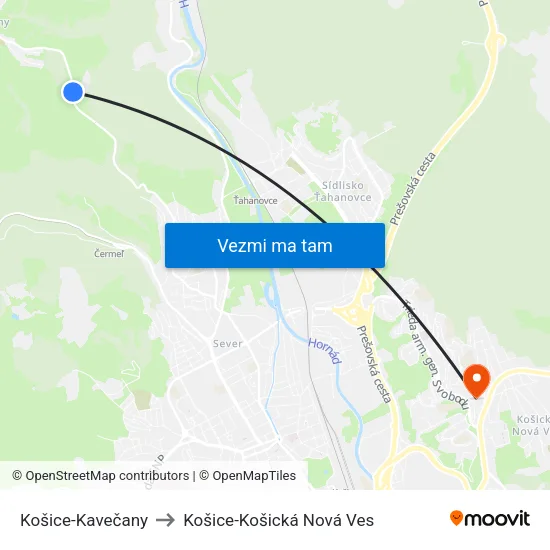 Košice-Kavečany to Košice-Košická Nová Ves map