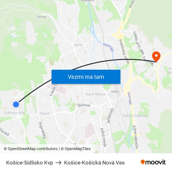 Košice-Sídlisko Kvp to Košice-Košická Nová Ves map