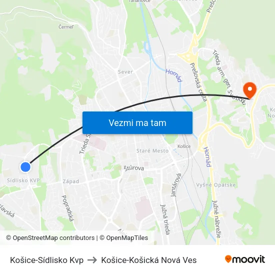 Košice-Sídlisko Kvp to Košice-Košická Nová Ves map