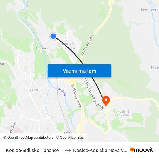 Košice-Sídlisko Ťahanovce to Košice-Košická Nová Ves map