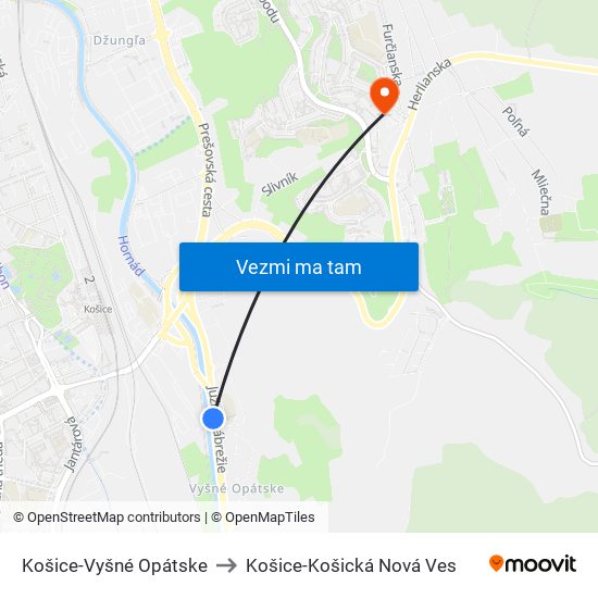 Košice-Vyšné Opátske to Košice-Košická Nová Ves map