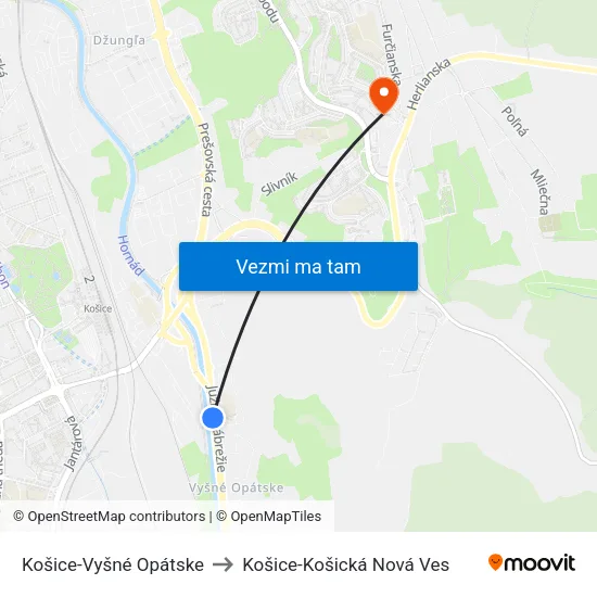 Košice-Vyšné Opátske to Košice-Košická Nová Ves map