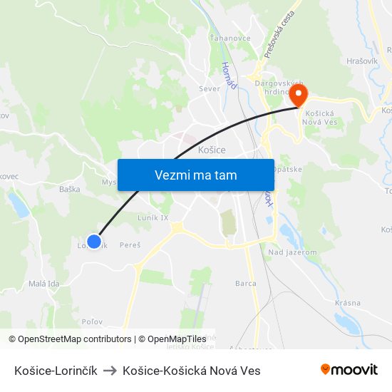 Košice-Lorinčík to Košice-Košická Nová Ves map