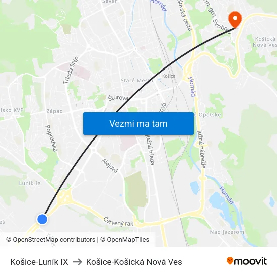 Košice-Luník IX to Košice-Košická Nová Ves map
