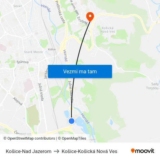 Košice-Nad Jazerom to Košice-Košická Nová Ves map
