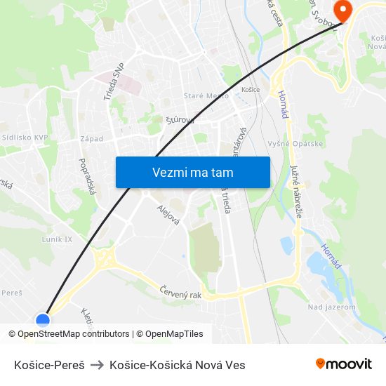 Košice-Pereš to Košice-Košická Nová Ves map