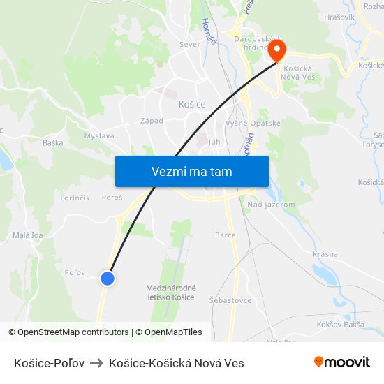 Košice-Poľov to Košice-Košická Nová Ves map