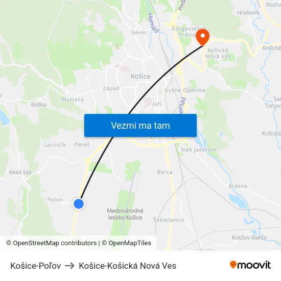 Košice-Poľov to Košice-Košická Nová Ves map