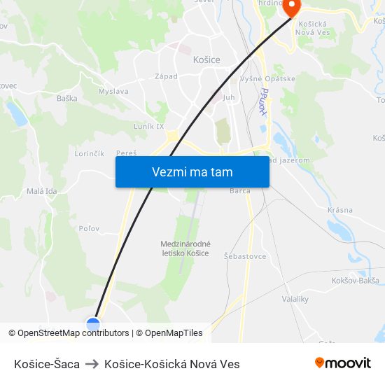 Košice-Šaca to Košice-Košická Nová Ves map