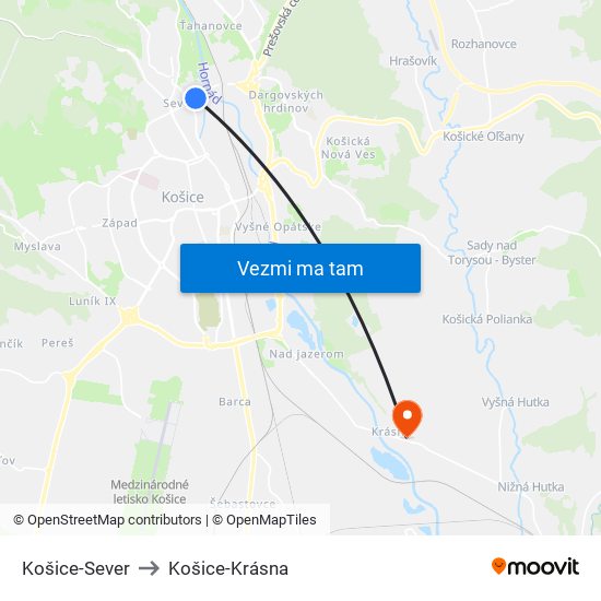 Košice-Sever to Košice-Krásna map