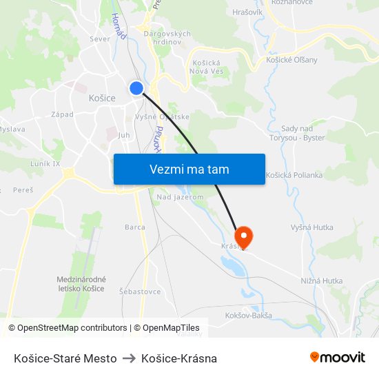 Košice-Staré Mesto to Košice-Krásna map