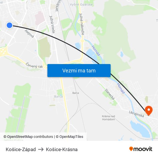 Košice-Západ to Košice-Krásna map