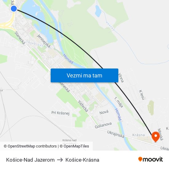 Košice-Nad Jazerom to Košice-Krásna map