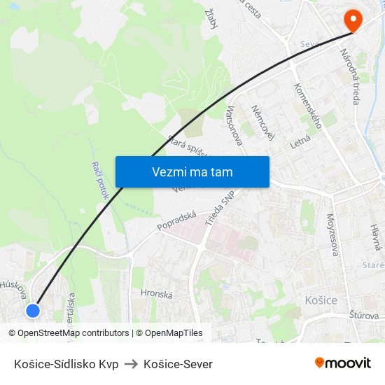 Košice-Sídlisko Kvp to Košice-Sever map